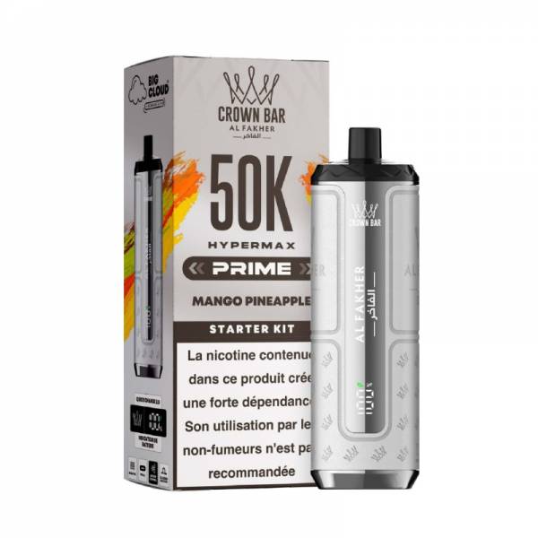 Hyper Max Prime 50K Al Fakher Mango Pineapple, appareil argenté avec sa boîte.