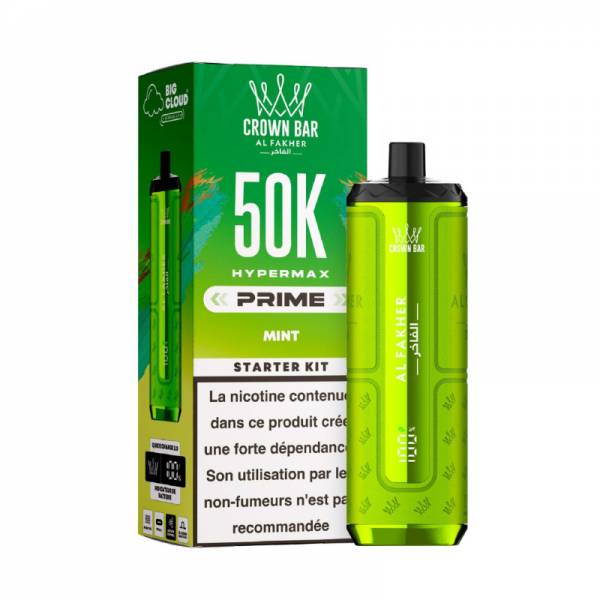 Hyper Max Prime 50K Al Fakher Mint, appareil vert avec sa boîte.