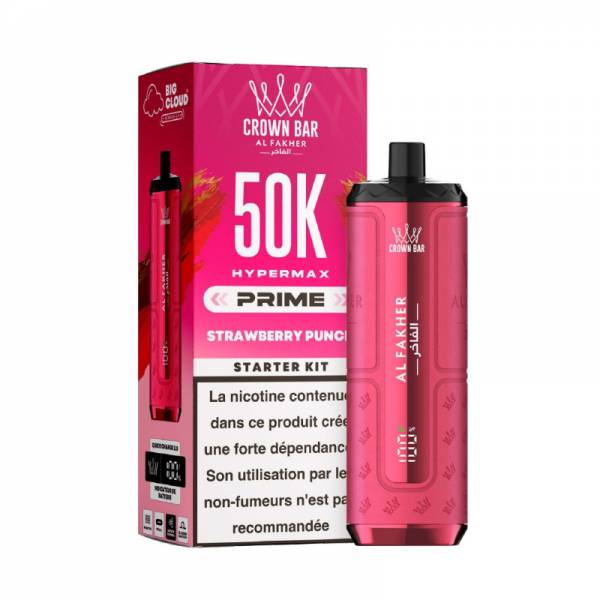 Hyper Max Prime 50K Al Fakher Strawberry Punch, appareil rose avec sa boîte.