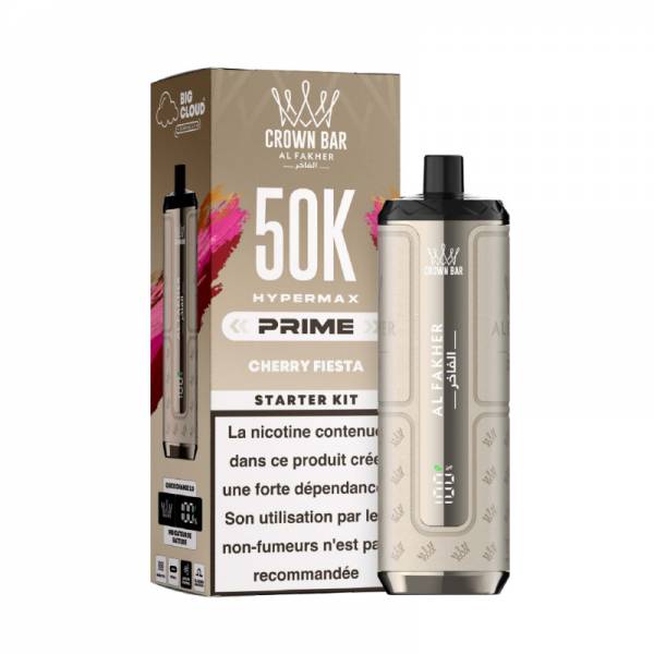 Hyper Max Prime 50K Al Fakher, appareil beige métallisé avec sa boîte.