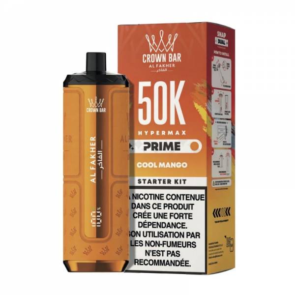 Hyper Max Prime 50K Al Fakher Cool Mango, appareil orange avec sa boîte.