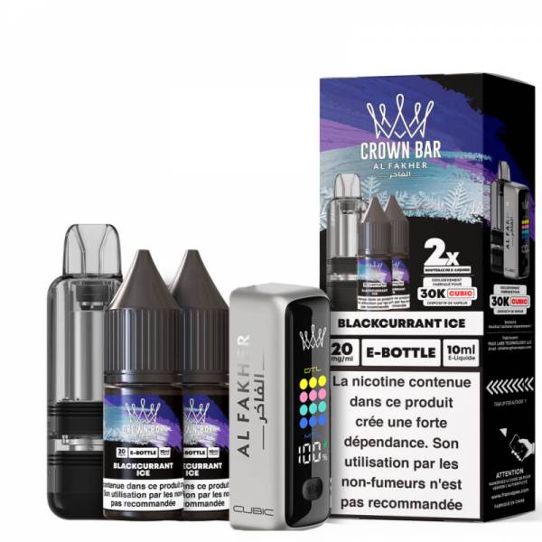 Kit Cubic 30K Al Fakher Blackcurrant Ice avec appareil, cartouche, deux flacons d’e-liquide et boîte.